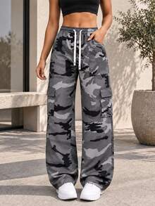 Gray Camo Cargo Pants For Women Elastic Drawstring Waist Side Flap Pockets Relaxed Wide Leg Casual Trousers. - Grey - View 9
