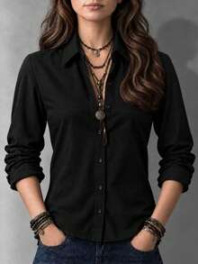 Plus Size Women's Elegant Solid Color Long Sleeve Blouse, All-Season Casual Versatile Top, White - Black - View 1