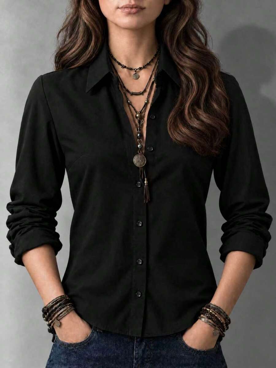 Plus Size Women's Elegant Solid Color Long Sleeve Blouse, All-Season Casual Versatile Top, White - Black - View 1