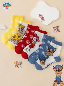 6 Pairs Paw Patrol Series Authentic Chase Rubble Paw Print Contrast Color Cartoon Children's Mid-Calf Socks - Multicolor - View 6