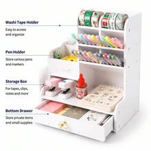 1pc Multifunctional Desktop Storage Box DIY Pen Holder, Stationery Organizer, Large Capacity, Pen Box With Drawer, Suitable For Home, Office And School, Suitable For Students, Plastic Design, Assembly Required, Suitable For Graduation Gift - White - View 8