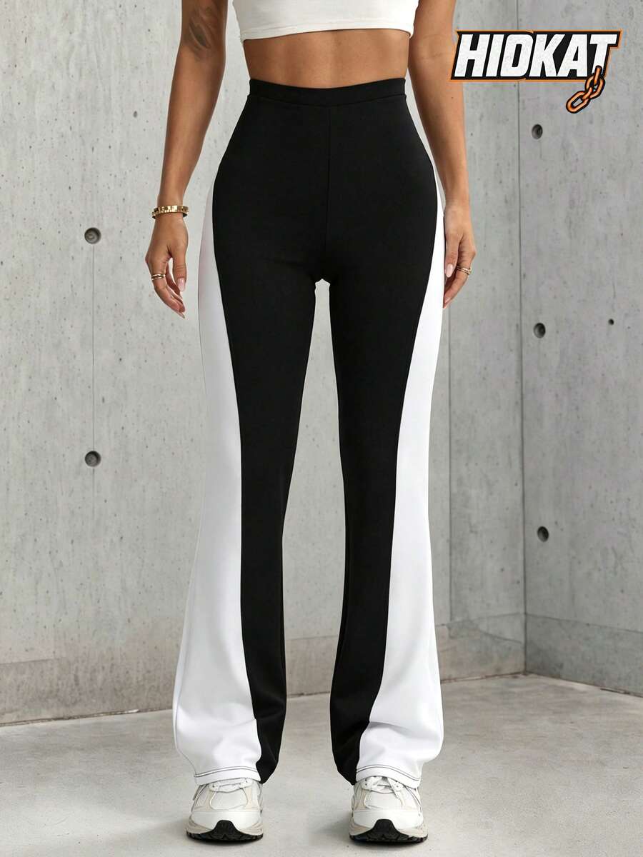 Hidkat Women's Fashion Solid Color Patchwork High Waist Elastic Tight Fit Yoga Casual Sports Knit Long Pants - Black and White - View 1