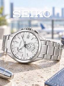 Men's SEIKO Quartz Watch, Solid Stainless Steel Bracelet, White Textured Dial, Day & Date Display, Business Travel Multi-Time Zone Wristwatch - Silver - View 2