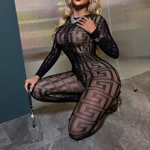 Erotic Underwear, Crotch-Closed Transparent One-Piece Mesh Garment With Mesh Holes, One-Piece Mesh Stockings. - Black - View 3