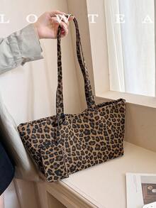 low tea 1pc Square Leopard Print Canvas Shoulder Bag, Suitable For Commuting, Shopping, Etc. (With Small Pouch) - Brown - View 12
