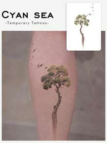 1pc Temporary Tattoo Sticker, Lone Tree & Flying Birds Pattern, Realistic Tattoo Design, Suitable For Daily Wear, Bachelorette Party Favors, Music Festivals, Games, Graduation Gifts, Lasts 3-5 Days - Multicolor - View 1