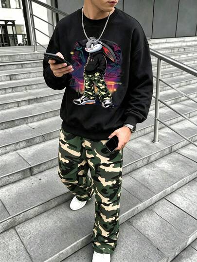 Teen Boy Street Rabbit Print Crew Neck Sweatshirt & Camouflage Wide Leg Pants 2pcs Set, Autumn Winter Outfit, Campus Style, Homecoming Look