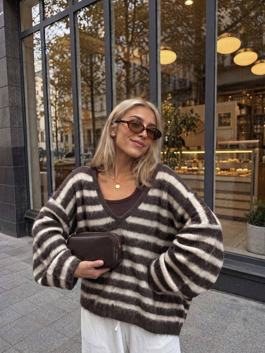 Women's Autumn New Color-Block Striped Knit Sweater, Casual Commute, College, Travel - Flower Coffee - View 1