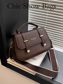 女款 Satchel 手提包，純色荔枝紋人造皮革，金色金屬配件與寬肩帶，頂部手柄與斜跨設計，復古休閒風，適合女士日常通勤 - 咖啡 - 查看 9