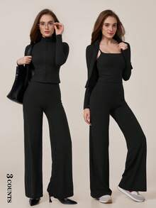 TimeOff Women's One Set Polka Dot 2 In 1 Patchwork Spaghetti Strap Tank Top & Wide Leg Pants Sport Set - Black - View 11
