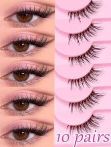 10 Pairs Natural Thin Lightweight Full Strip False Eyelashes, Lightweight Invisible Thin Stem Transparent Stem, Handmade Natural Makeup Look, Soft And Comfortable, Suitable For Daily Bare Makeup, Korean Natural Style, Reusable, Suitable For Daily Date Makeup - Black - View 1