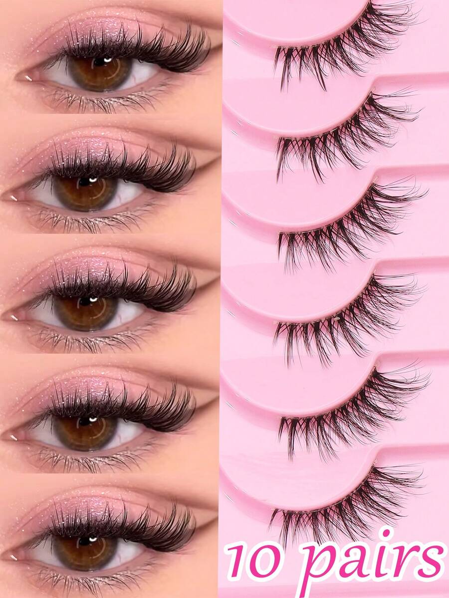 10 Pairs Natural Thin Lightweight Full Strip False Eyelashes, Lightweight Invisible Thin Stem Transparent Stem, Handmade Natural Makeup Look, Soft And Comfortable, Suitable For Daily Bare Makeup, Korean Natural Style, Reusable, Suitable For Daily Date Makeup - Black - View 1