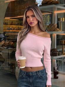 Women's Early Autumn Ribbed Waist Long Sleeve Asymmetrical Shoulder Cropped Soft Baby Pink Fitted Gentle Knit Top - Pink - View 3