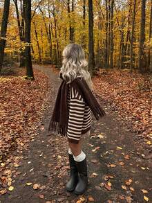 MORI Fall Winter Women Sweaters Elegant Casual Y2K Brown Striped V Neck Drop Shoulder Oversized Loose Fit Long Sleeve Knit Pullover Top - Coffee - View 9