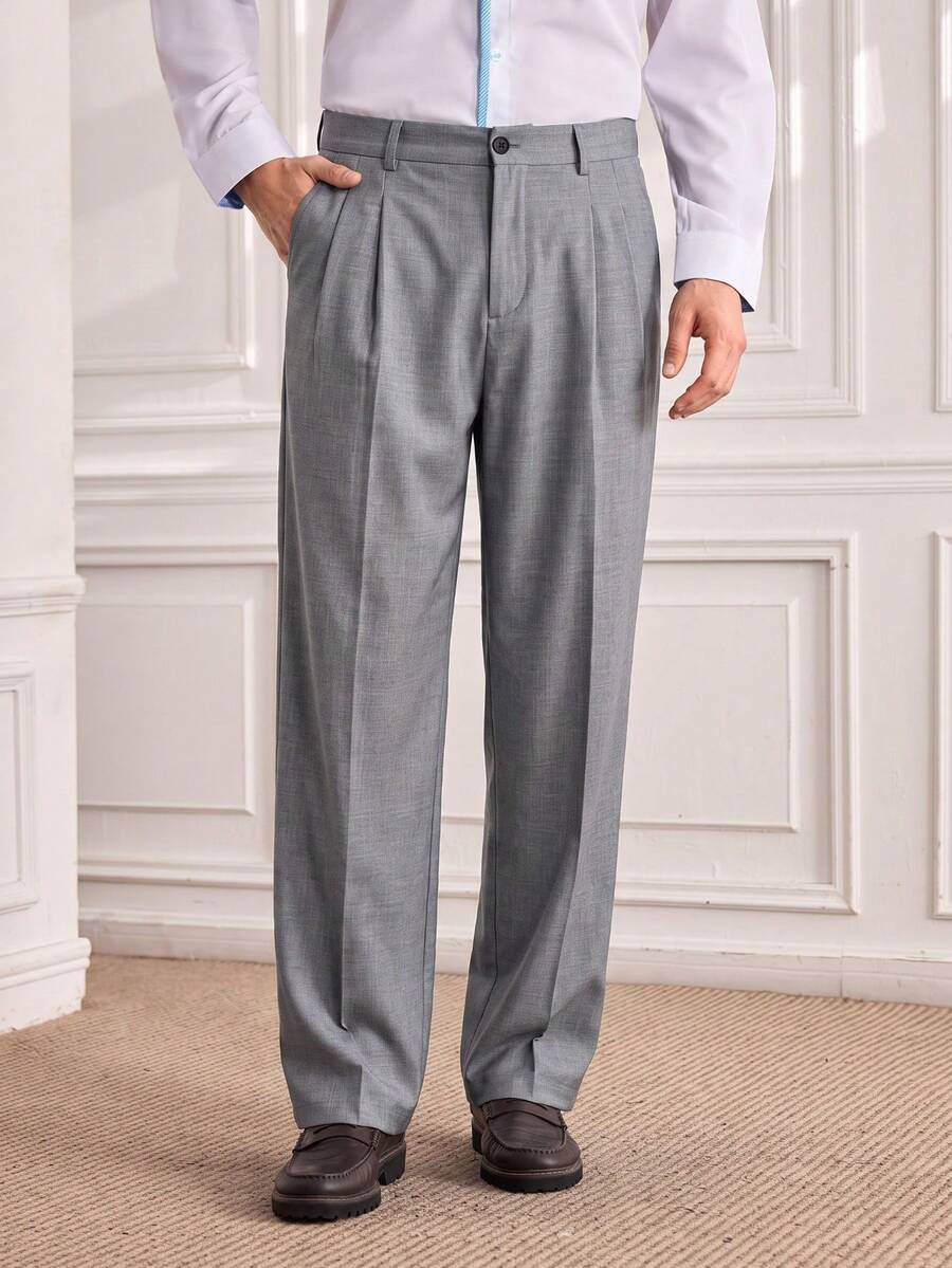 Officeau Men's Casual Dress Pants, Spring/Autumn, Fashionable Versatile Wide Leg Long Trousers With Drape For Commuting And Travel - Grey - View 1