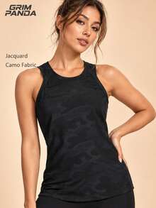 GRIM PANDA Women's Camouflage Jacquard Textured Sports Tank Top, Quick-Dry High-Elastic Breathable Gym Sleeveless T-Shirt - Black - View 2
