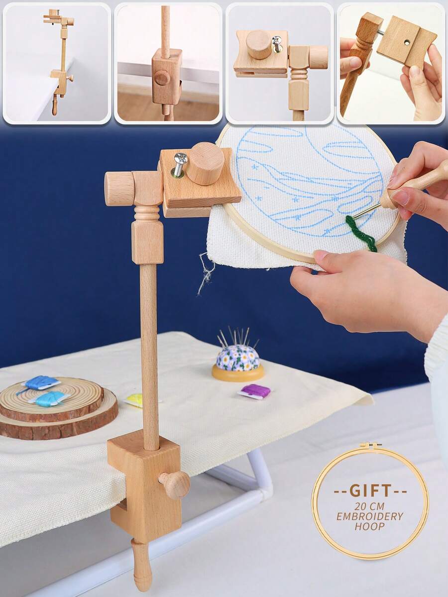 1pc Apricot Table-Embedded DIY Hand Embroidery Hoop, Cross Stitch Frame, Punch Needle Embroidery Holder, Made Of Premium Beech Solid Wood, Rotatable, Easy Assembly, Convenient Use, Suitable For Various Embroidery Angles, Includes 1 Embroidery Hoop - A - View 1