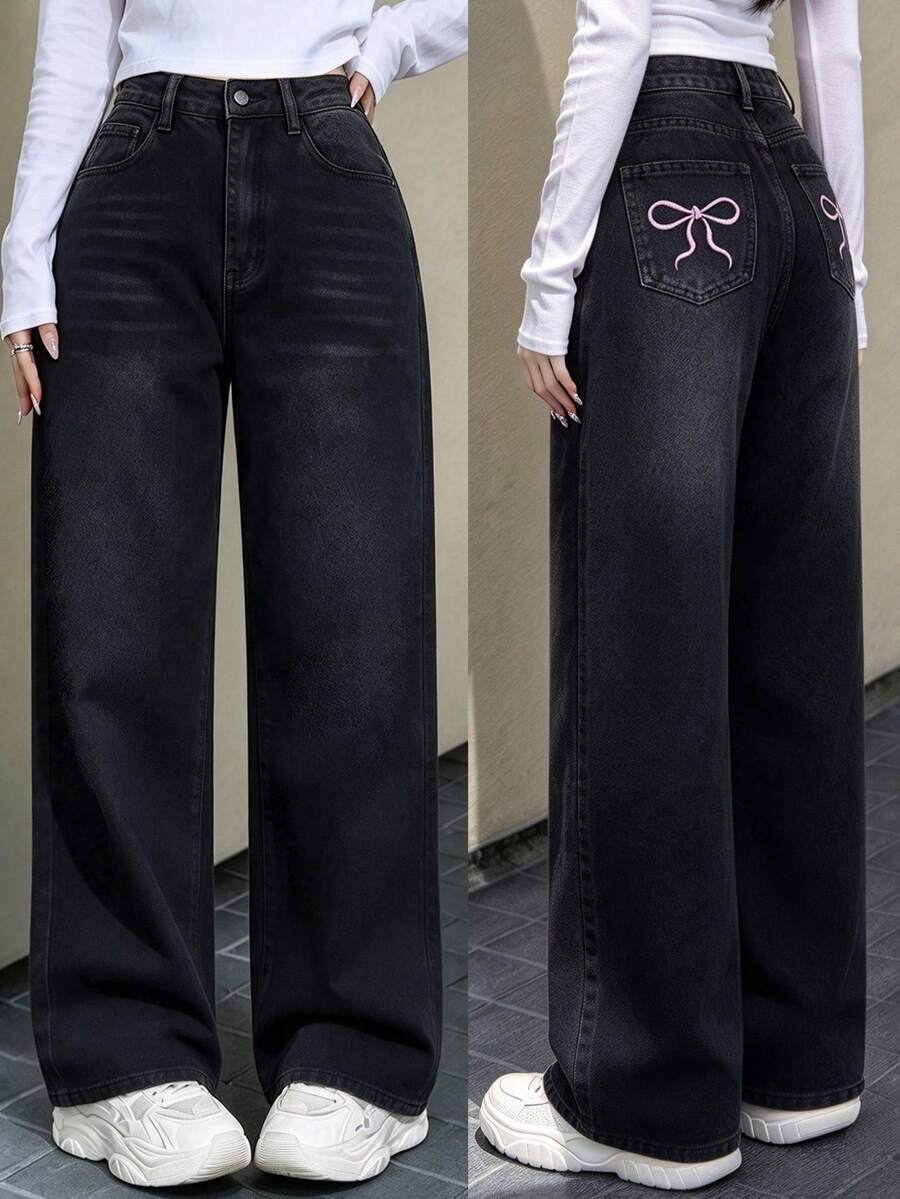 Teen Girl's Loose Fit Bow Print Denim Wide Leg Pants - Black - View 1