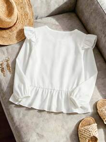 Girls' Casual Fashion Loose Blouse With Round Neck, Ruffle Flutter Sleeves, Front Tie Design, Colorful Floral Embroidery And Ruffle Hem, Spring/Autumn - White - View 3