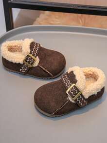 Children's Autumn/Winter Embroidered Buckle Fuzzy Shoes, Plush Trim Soft Sole Anti-Slip Warm Baby Girls' Shoes - Brown - View 4