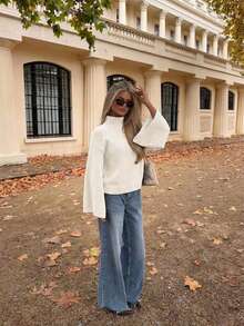 Women's Autumn/Winter Vintage Loose High Neck Bell Sleeve Knit Sweater - White - View 1