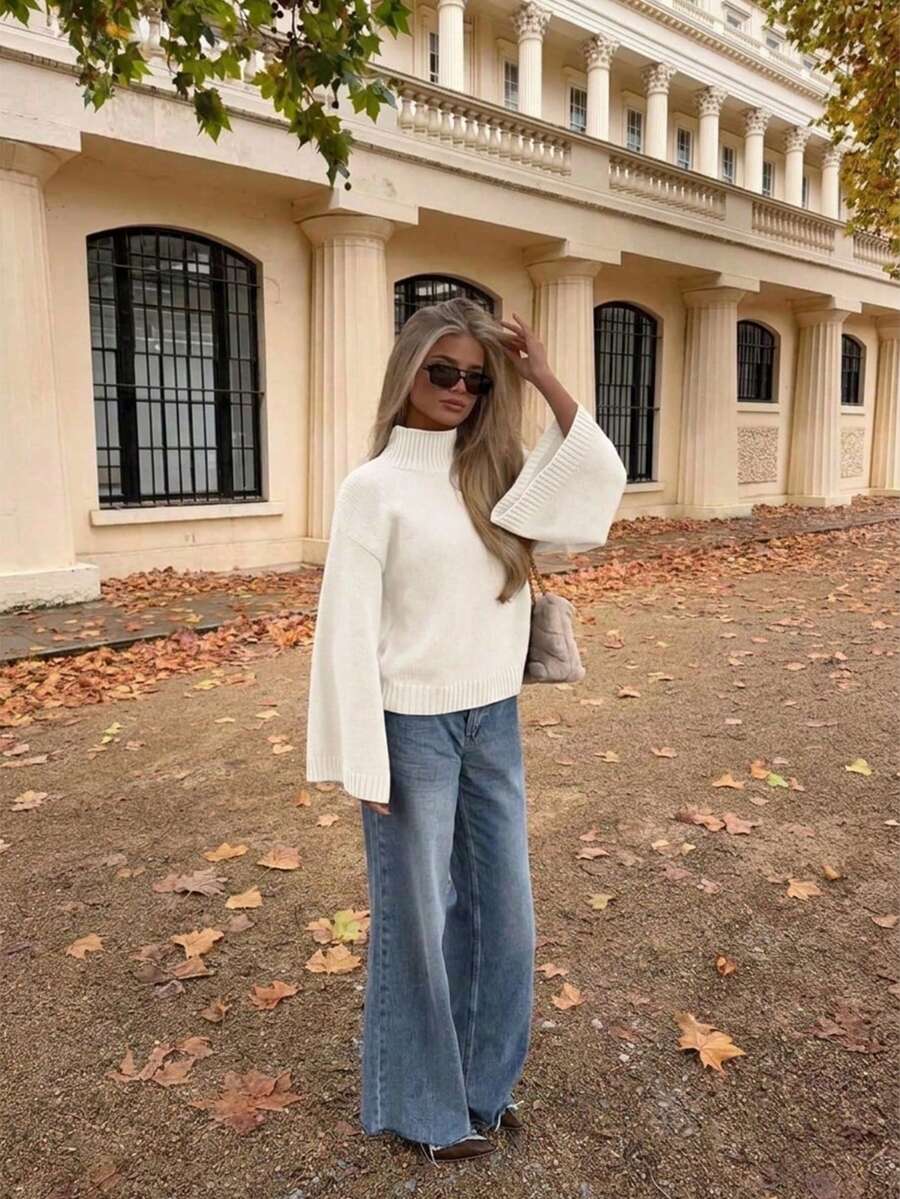 Women's Autumn/Winter Vintage Loose High Neck Bell Sleeve Knit Sweater - White - View 1