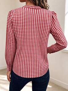 Classic Red And White Plaid Women's Shirt, Long Puff Sleeve V-Neck Top, Versatile Autumn Essential - Red Plaid - View 2