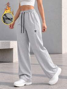 Women Thermal Lined Wide Leg Full Length Pants With Drawstring Elastic Waist Relaxed Fit Casual Sweatpants For Daily Wear. - Grey - View 8