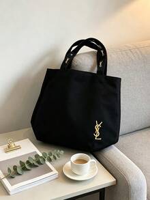 Yves Saint Laurent 黑色刺繡LOGO托特化妝包，大容量防水帆布手提收納包，粉色內裡拉鍊隔層，通勤購物旅行雙用彩妝收納包，奢華女款便攜禮品 - 黑色 - 查看 10