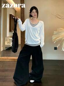 Striped 2 In 1 Long Sleeve T-Shirt, Korean Style Lazy Loose Casual Top, Autumn Clothing - White - View 8