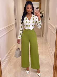 Women's Casual Elegant Polka Dot 2 Pieces Set, Including Cardigan Collar Shirt And Wide Leg Pants, Suitable For Autumn - Green - View 3