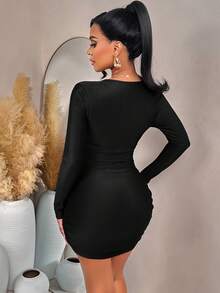 Women's Black Knit Deep V-Neck Fitted Mini Dress, Long Sleeve Design, Ruched Bust Detail, Elegant Sexy Party Formal - Black - View 2