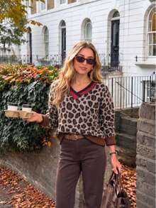 SEREN New Autumn/Winter Women's V-Neck Knit Sweater, Loose Fit, Casual Style, Winter Leopard Print Sweater, Suitable For Commuting And Outings - Deep Apricot - View 5