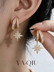 1 Set Asymmetrical 8-Point Star Stud Earrings, High-End Elegant Versatile Niche Design Sparkling Zirconia Earrings Jewelry For Women - Eight-pointed Star Stud Earrings - View 1