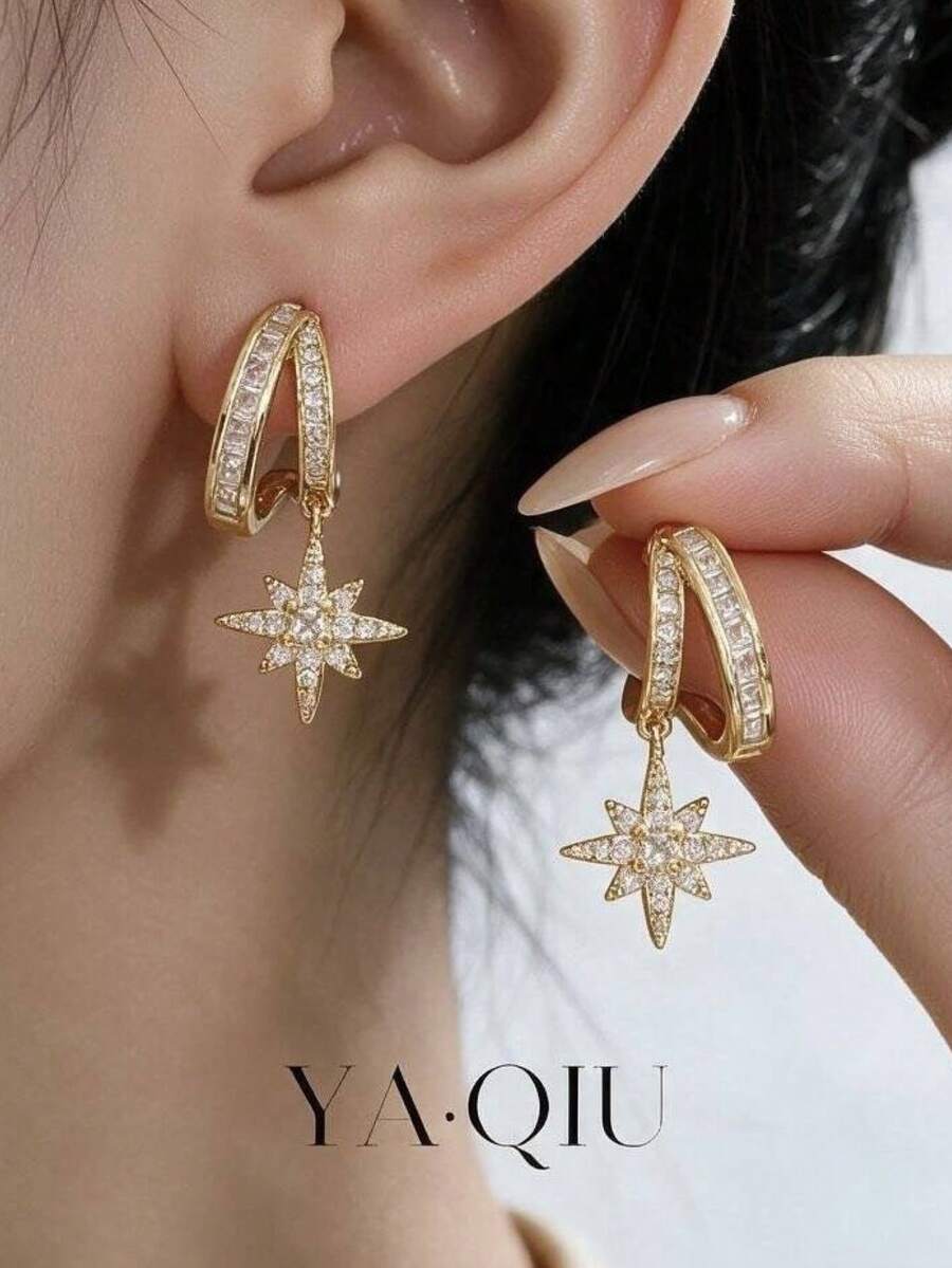 1 Set Asymmetrical 8-Point Star Stud Earrings, High-End Elegant Versatile Niche Design Sparkling Zirconia Earrings Jewelry For Women - Eight-pointed Star Stud Earrings - View 1