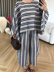 2件組新款優雅女款條紋拼色上衣休閒百搭長褲度假日常四季款 - 藏蓝色 - 查看 3