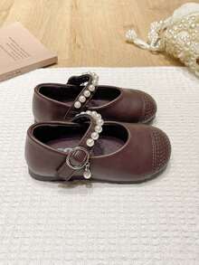 Children's Vintage Woven PU Shoes, Girls' Pearl Hook & Loop Soft Sole Princess Shoes For Party And Performance - Brown - View 5