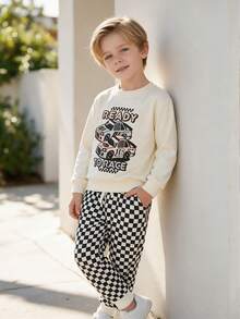 Boys' Crew Neck Sweatshirt & Jogger Pants 2 Pieces Set, Beige Racing READY TO RACE Print, Toddler Casual Sports Outfit - Apricot - View 1