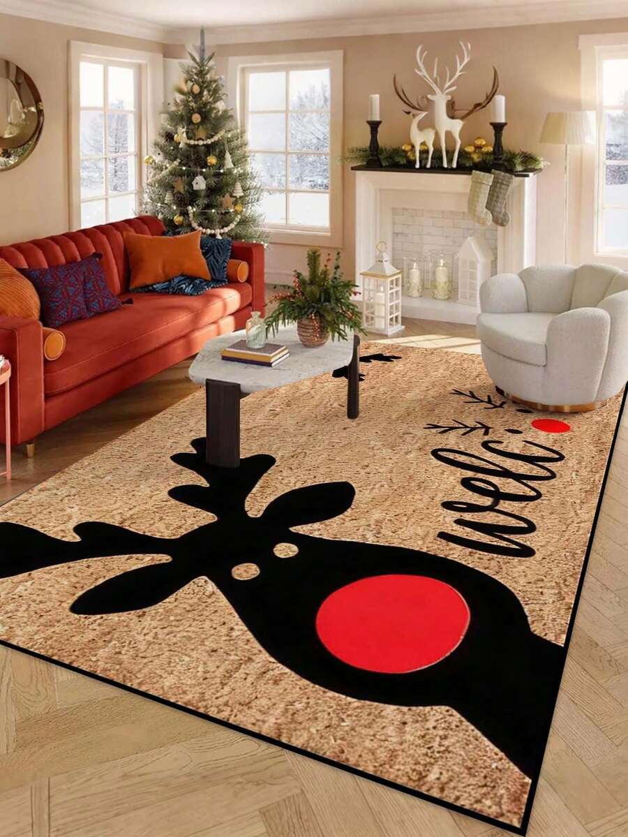 Christmas Minimalist Reindeer Print Faux Coir Doormat, Wear-Resistant Dust-Removing Non-Slip Rectangular Entryway Mat, Christmas Winter Hallway Doorway Holiday Decor Foot Mat