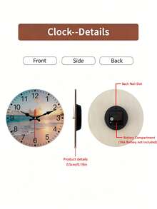 1pc Coastal Beach Sunset Wall Clock, Silent No Ticking, Wooden Round Decorative Clock, Ocean View Design, Battery Operated (AA Batteries Not Included), Home Decor Gift, 12-Digit Display - 1PC - View 3