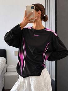 Kaos Olahraga Lengan Panjang Wanita Motif Garis Huruf dan Blok Warna, Kerah Bulat - Hitam - View 1