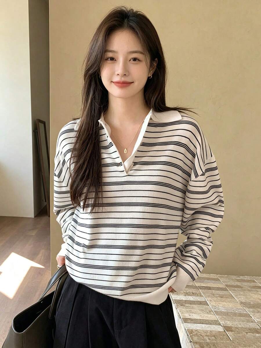 YCYC 韓式大廓形設計優雅百搭條紋鈕扣寬鬆慵懶針織上衣 - 白色 - 查看 1