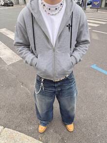 Men's Minimalist Cross Print Zip-Up Hoodie, Grey Loose Casual Streetwear Pattern Sweatshirt, Winter Top - Light Grey - View 1