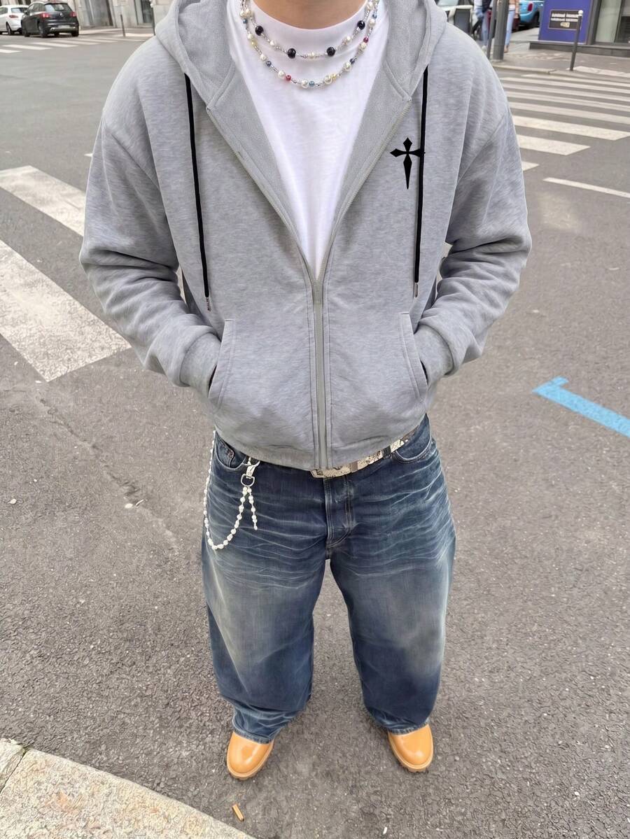 Men's Minimalist Cross Print Zip-Up Hoodie, Grey Loose Casual Streetwear Pattern Sweatshirt, Winter Top - Light Grey - View 1
