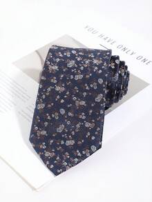 1pc Deep Blue Background Gold & Silver Small Rose Pattern Tie, Luxury Vintage Floral Design, Suitable For Banquet And Commute - Dark Blue - View 6