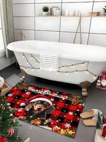 Red & Black Plaid Christmas Cute Dachshund Print Doormat, Rectangular Plush Non-Slip Absorbent Dirt-Resistant Entryway Mat, Christmas Winter Holiday Decor Foot Mat - Multicolor - View 6