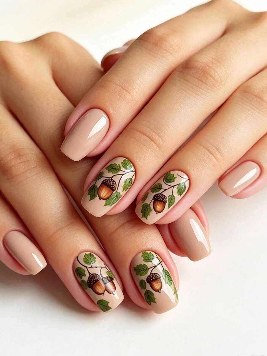 24pcs Medium Glossy Pine Cone Pattern Green Leaf Fake Nails, Removable & Reusable Press-On Nail Tips, Ready-To-Wear Manicure Stickers In Box, Convenient For Travel, Parties, Events And Outings