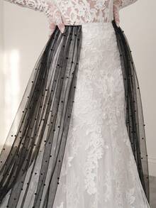 1pc Gothic Style Black Tulle Beaded Long Train Bridal Overskirt, Wedding, Bridal Photography And Halloween Party Accessory - Black - View 5