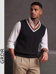 GRDR Men's Striped Patchwork Knit Vest - Casual Fashion Daily Wear - Black - View 2