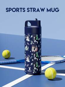 Meoky 19oz Deep Blue Husky Cartoon Print Stainless Steel Water Bottle With Handle Lid, Portable Water Bottle - Dark Blue Husky - View 2